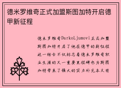 德米罗维奇正式加盟斯图加特开启德甲新征程 德米罗维奇正式加盟斯图加特开启德甲新征程